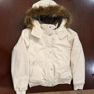 Hollister Cream Bomber Jacket with Faux Fur Hood Sz M